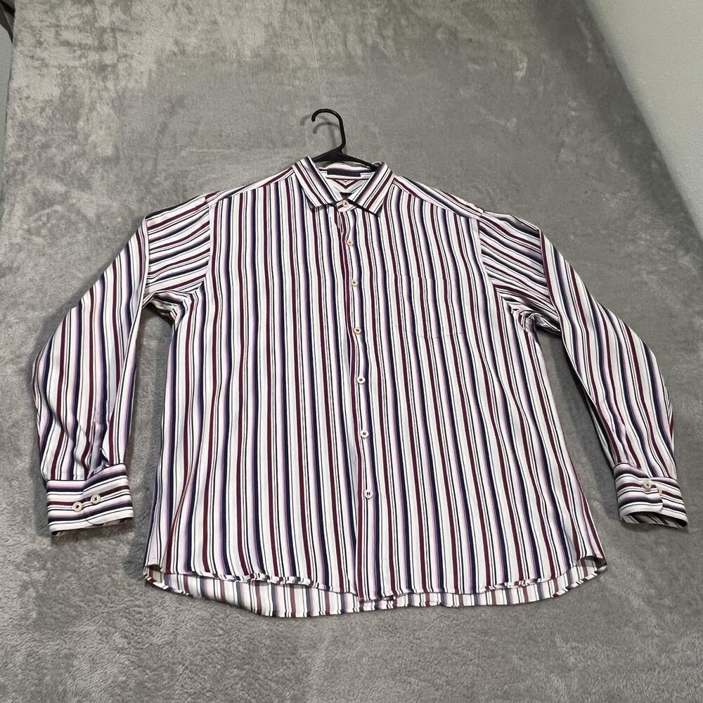 Tommy Bahama Shirt Mens Large White Stripe Silk Long Sleeve Button Front Casual